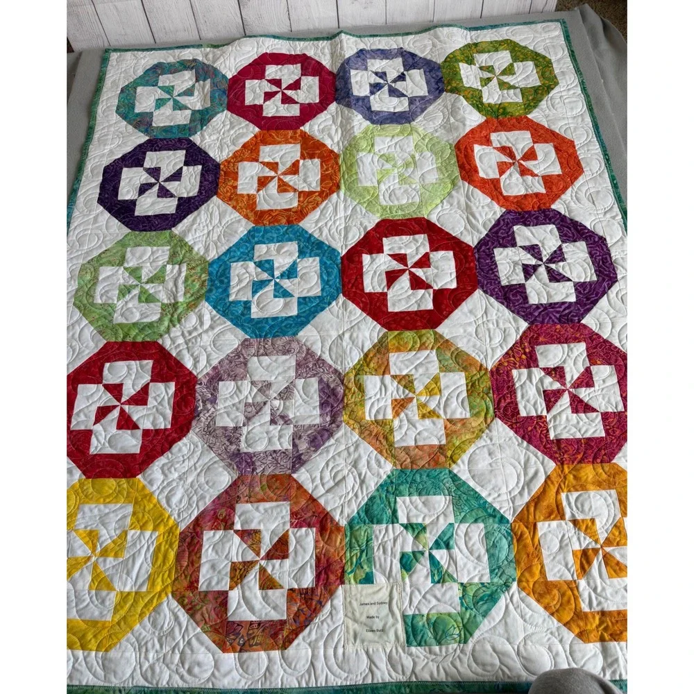 Handmade Batik Patchwork Quilt Pinwheel Octagon Rainbow Swirl Stitched 45x54